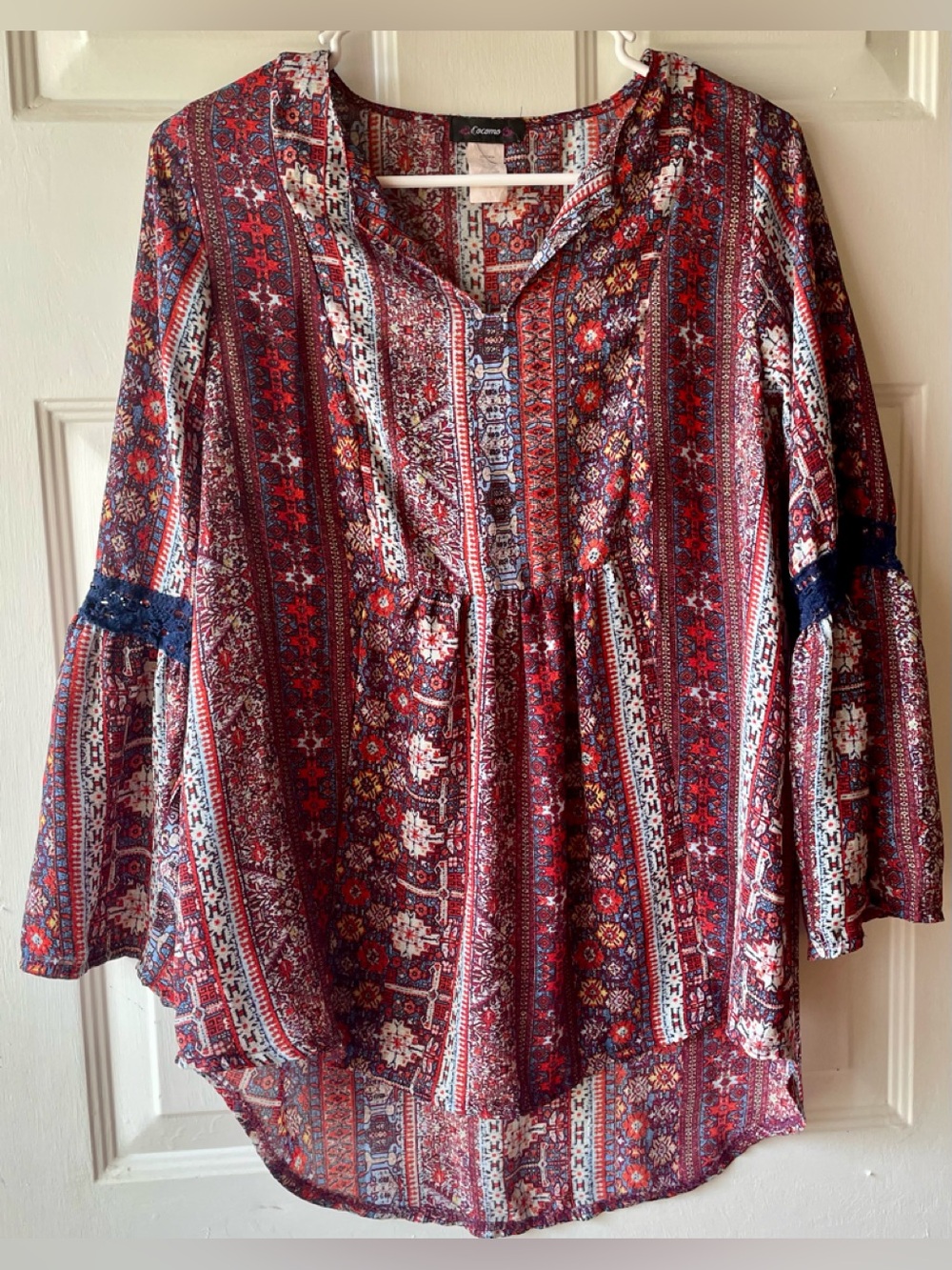 Vintage Cocomo Red Blue Multicolor Boho Print Flared Bell Sleeve Blouse Large